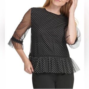 NWT DKNY XS Black Polka Dot Mesh Peplum Blouse Sheer 3/4 Ruffle Sleeve Top